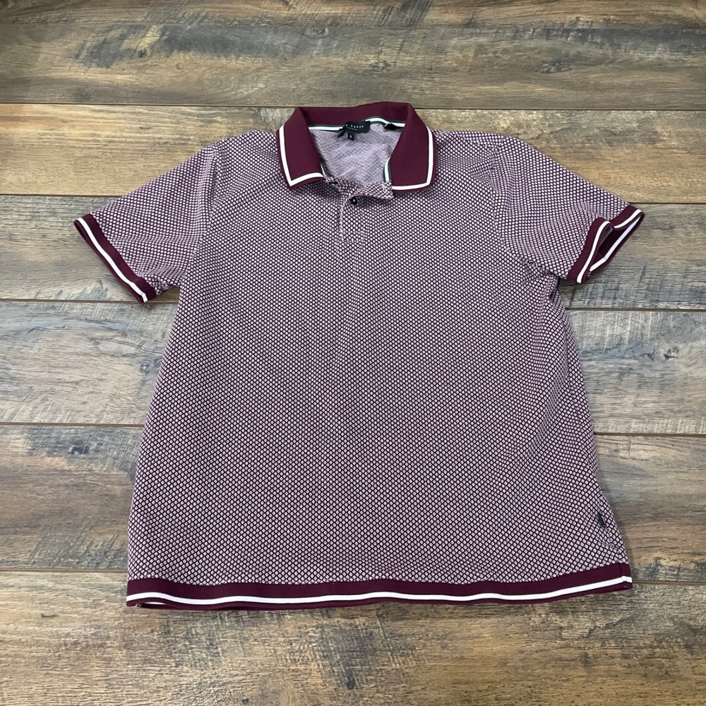 Ted Baker London Affric Burgundy Geometric Print Cotton Polo Shirt Mens Size 3 L